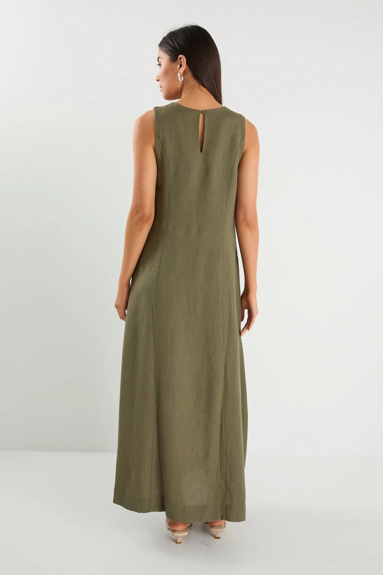 Easygoing Khaki Linen Blend Sleeveless Crew Neck Midi Dress