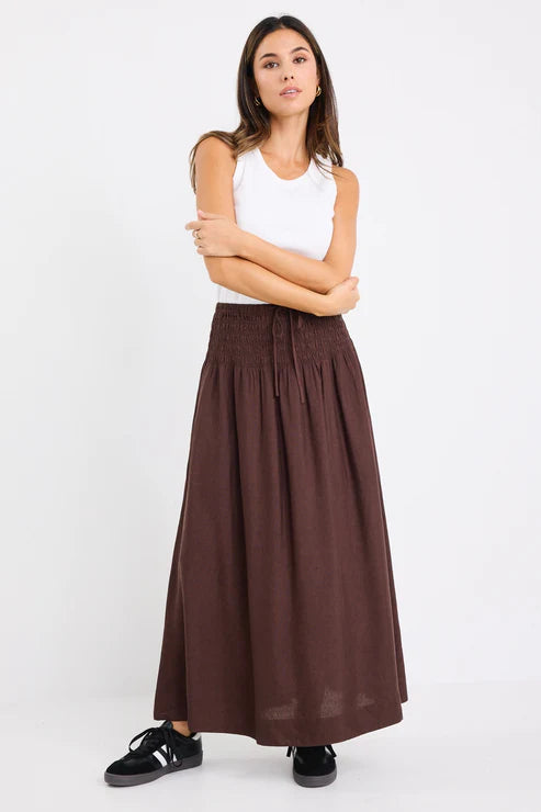 Byron Linen Blend Shirred Waist Maxi Skirt - Chocolate