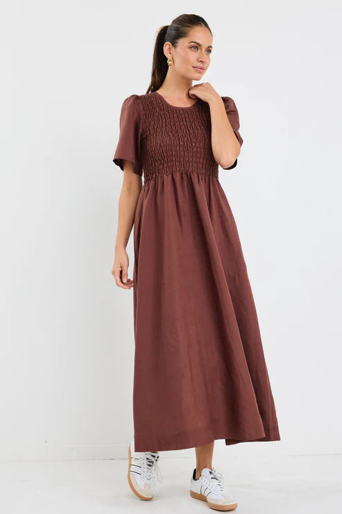 Wren Chocolate Linen Blend Shirred Bodice Midi Dress