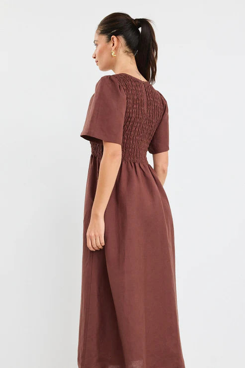 Wren Chocolate Linen Blend Shirred Bodice Midi Dress