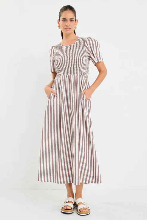 Wren Chocolate Stripe Cotton Shirred Bodice Midi Dress