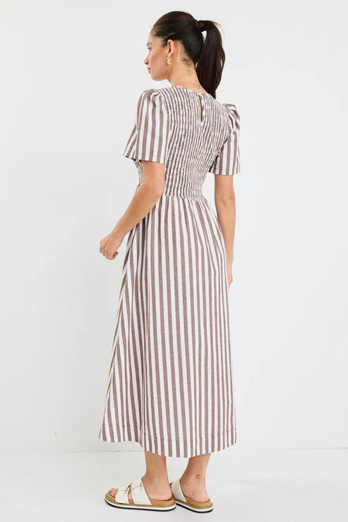 Wren Chocolate Stripe Cotton Shirred Bodice Midi Dress