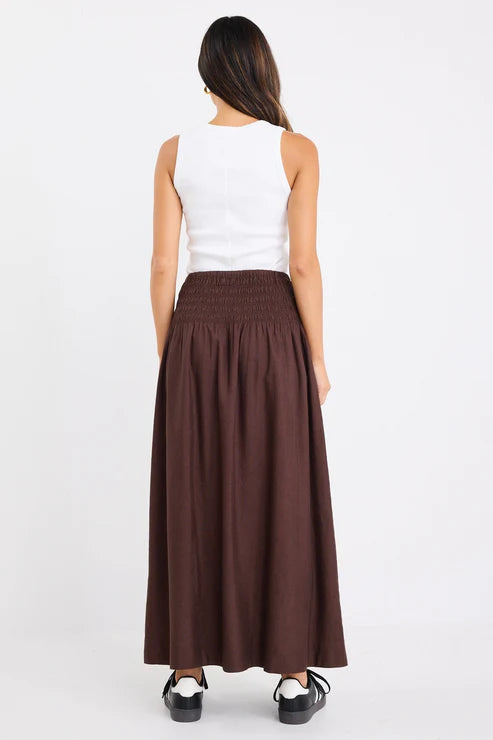 Byron Linen Blend Shirred Waist Maxi Skirt - Chocolate