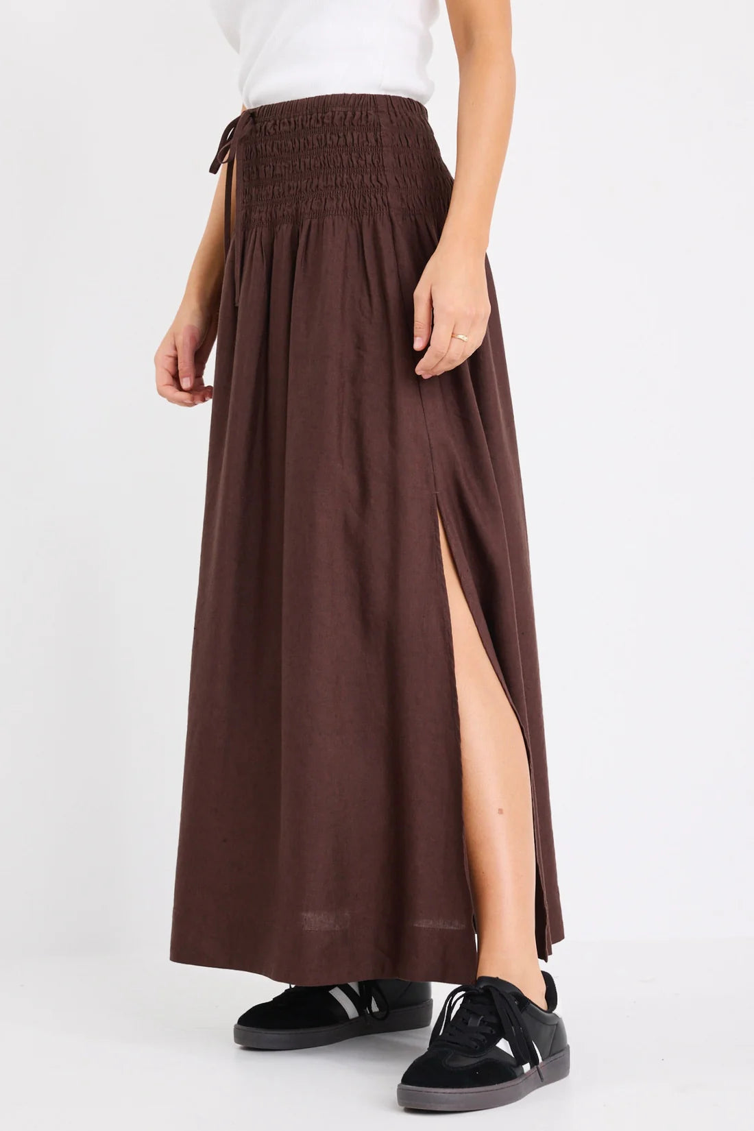 Byron Linen Blend Shirred Waist Maxi Skirt - Chocolate