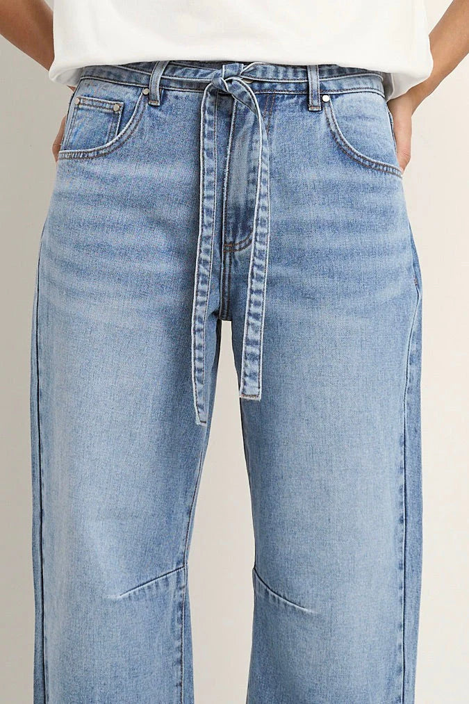 Campus Light Blue Tie Waist Barrel Jeans