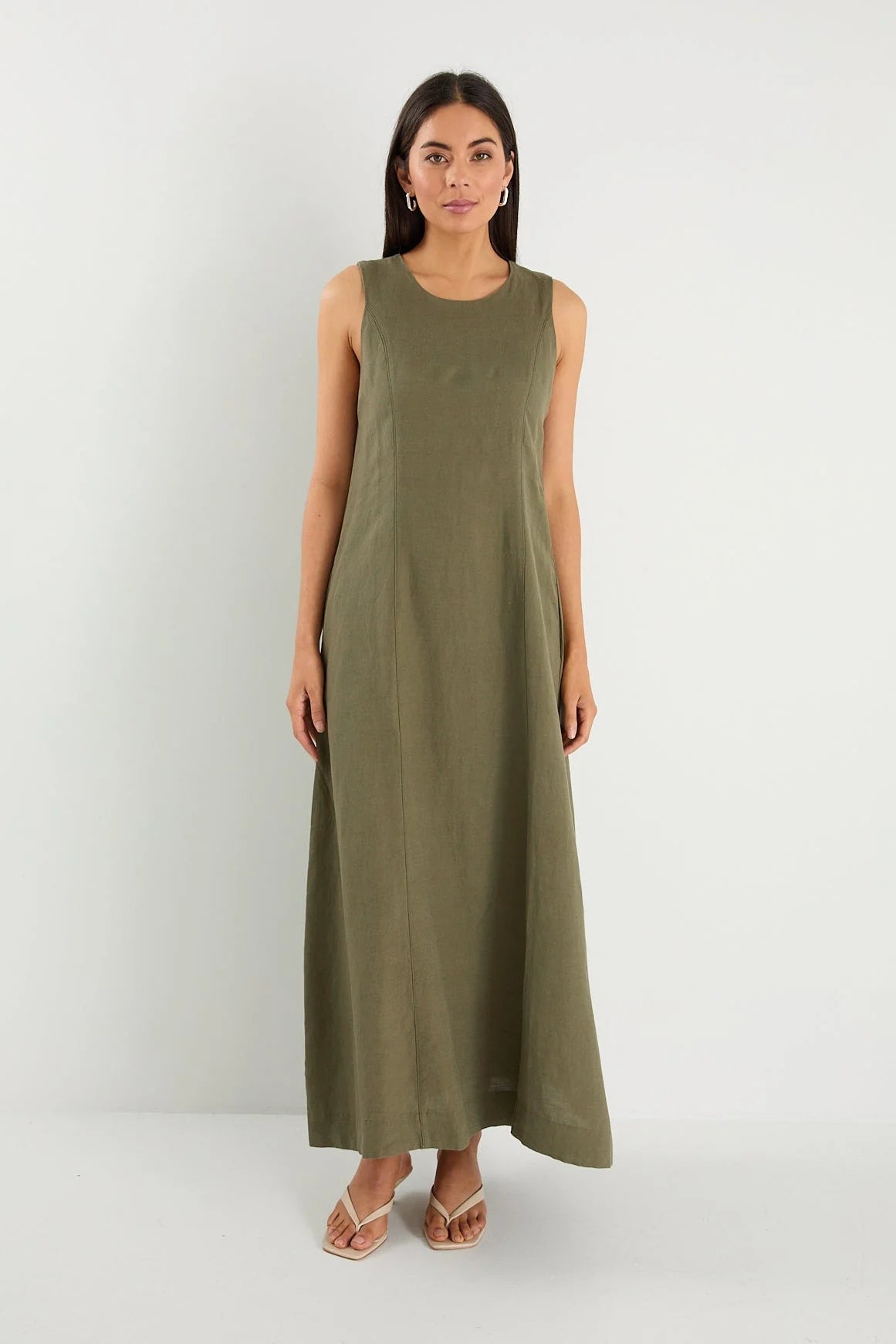 Easygoing Khaki Linen Blend Sleeveless Crew Neck Midi Dress