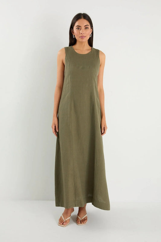 Easygoing Khaki Linen Blend Sleeveless Crew Neck Midi Dress