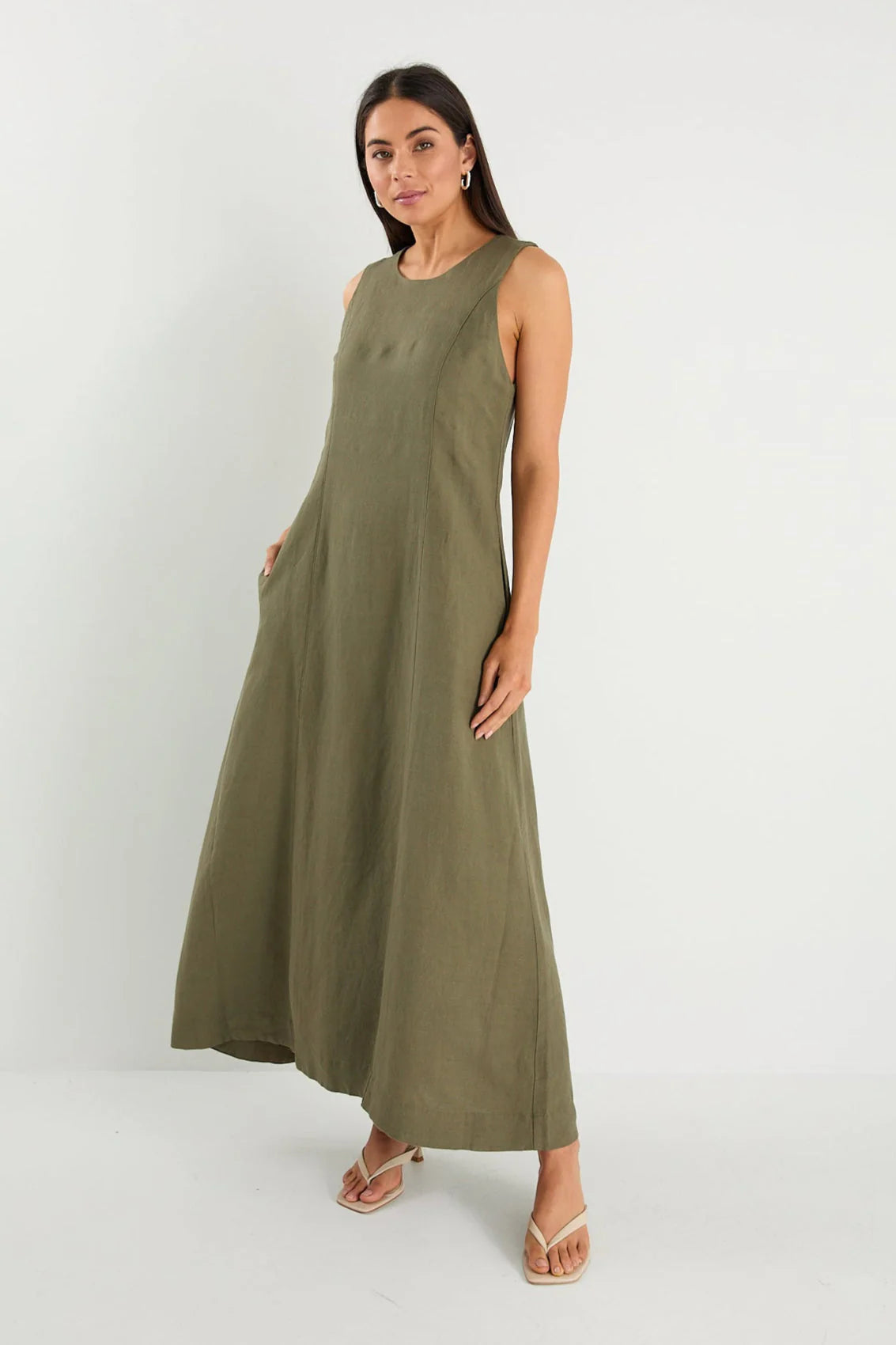 Easygoing Khaki Linen Blend Sleeveless Crew Neck Midi Dress