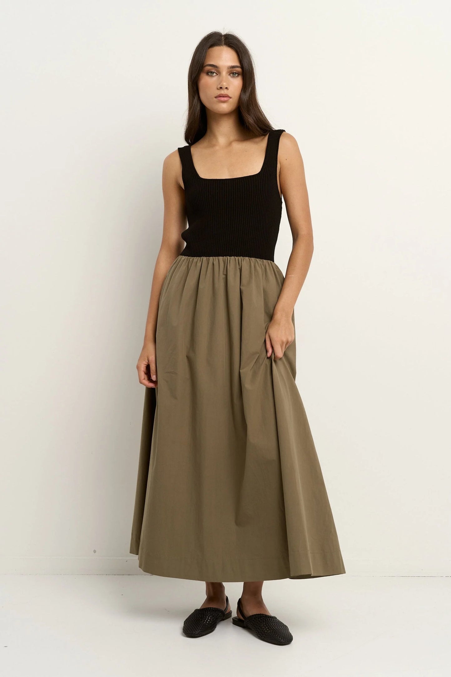 Obsidian Square Neck Contrast Midi Dress - Black & Khaki