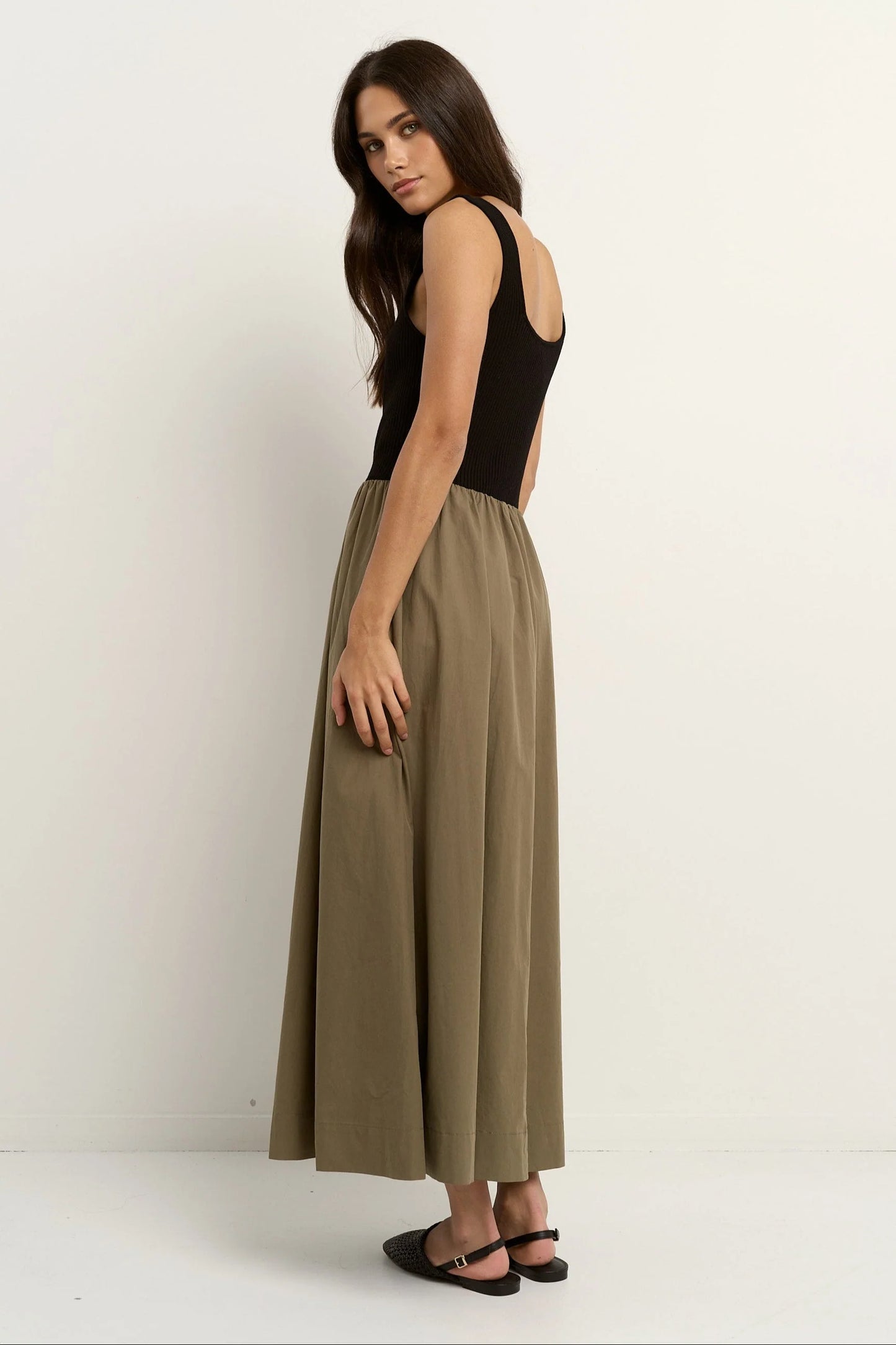 Obsidian Square Neck Contrast Midi Dress - Black & Khaki