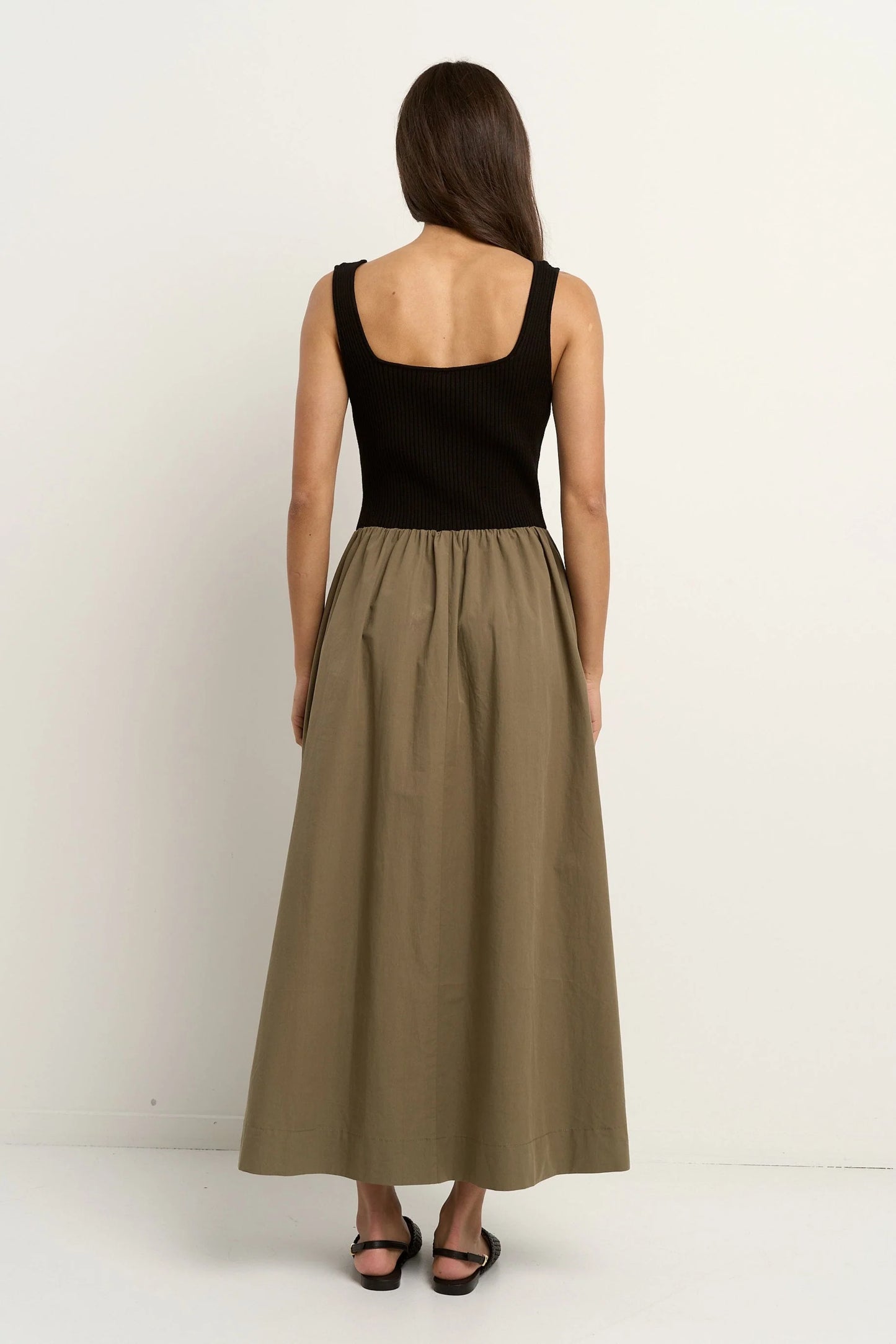 Obsidian Square Neck Contrast Midi Dress - Black & Khaki