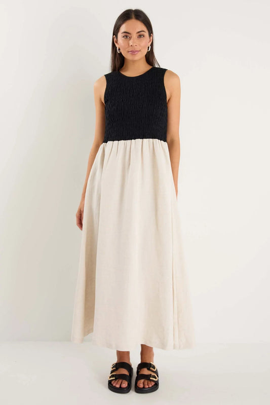 Bryar Black Natural Linen Blend SS Shirred Bodice Midi Dress