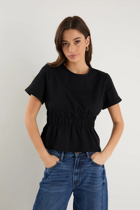 Svelte Shirred Detail Tee - Black
