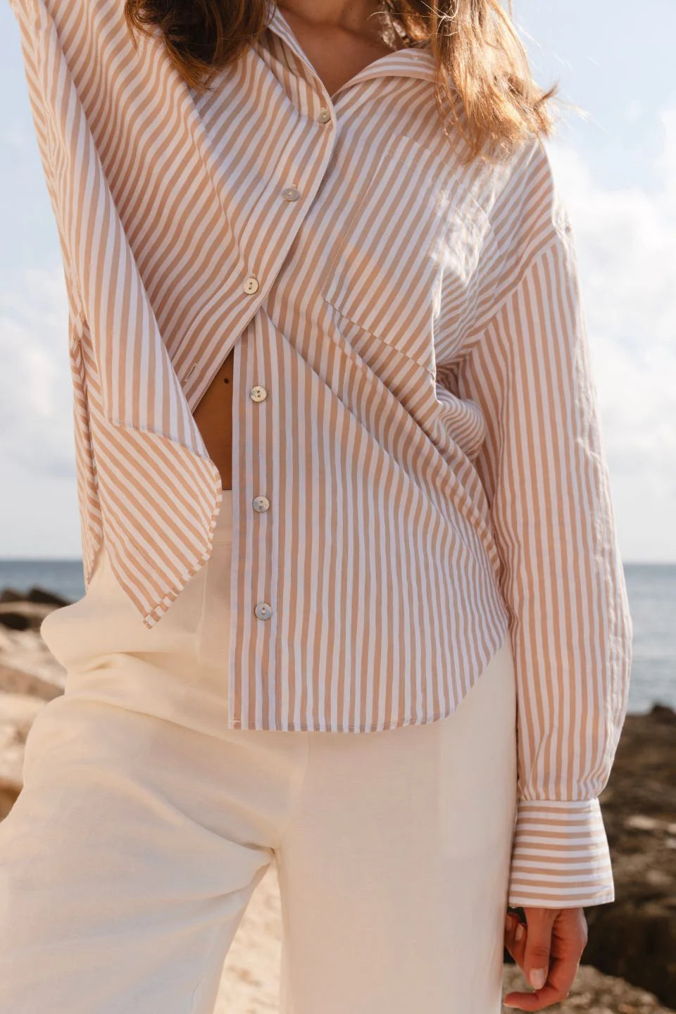 You Got This Poplin Oversized Shirt - Ecru Stripe