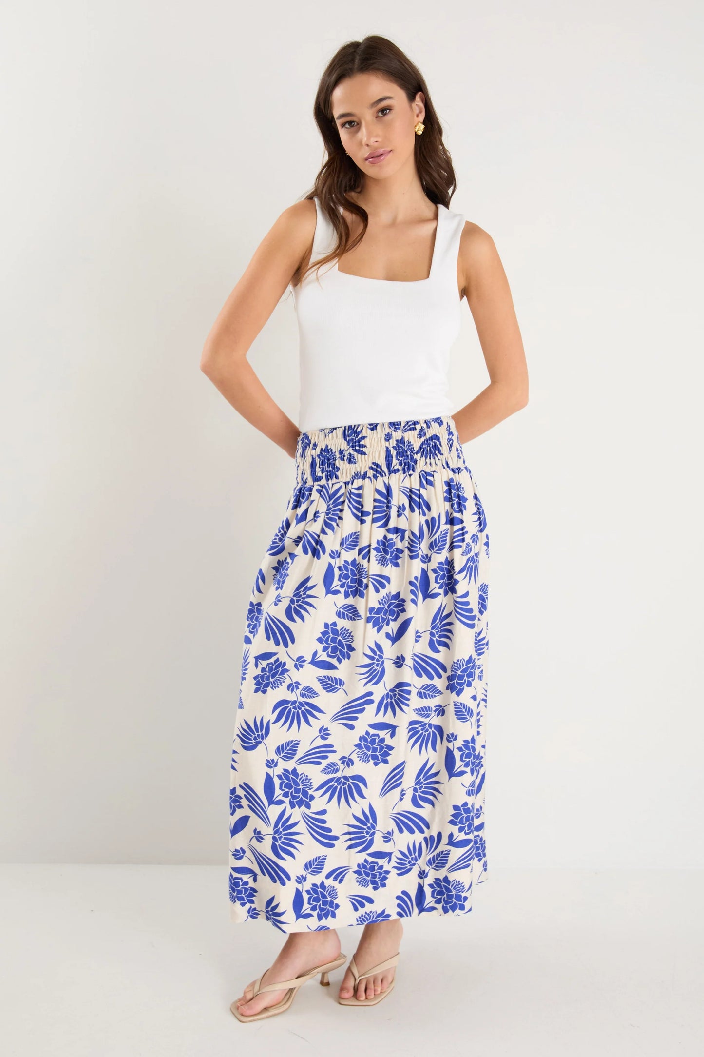 Sangria Blue Lotus Shirred Waist Maxi Skirt