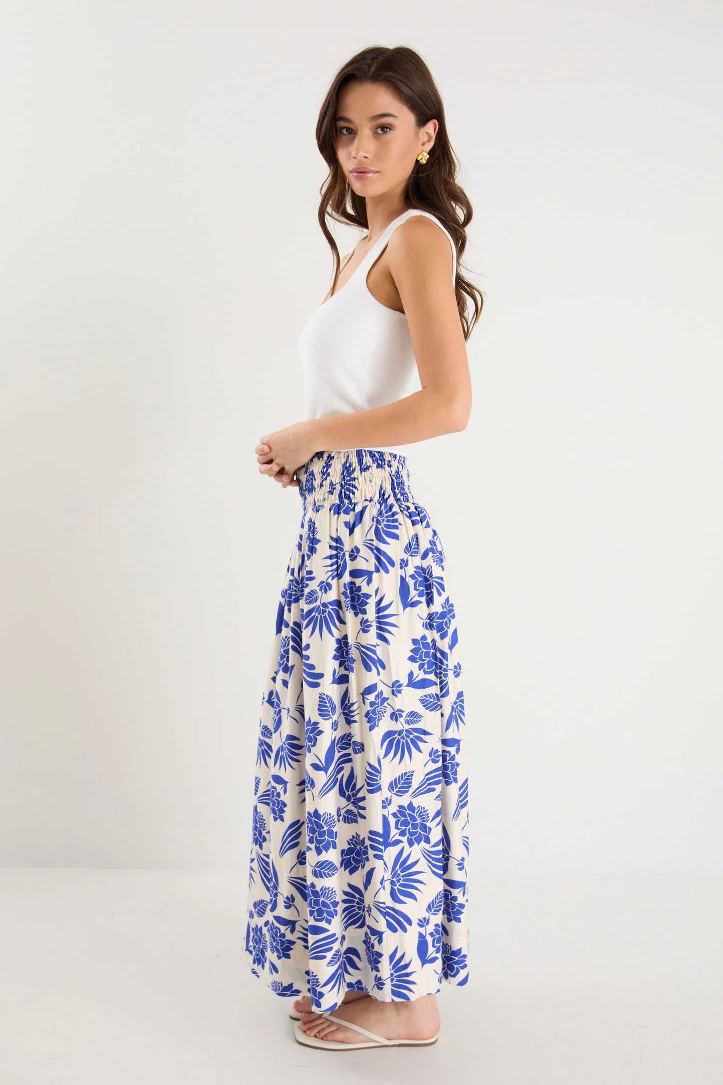 Sangria Blue Lotus Shirred Waist Maxi Skirt