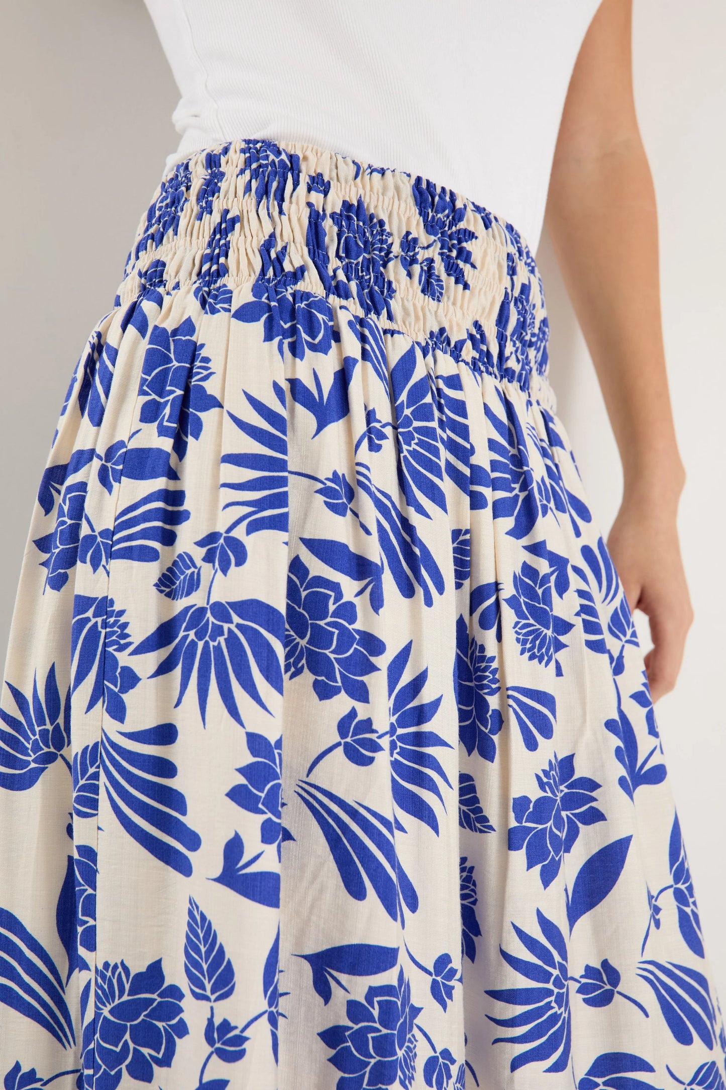 Sangria Blue Lotus Shirred Waist Maxi Skirt