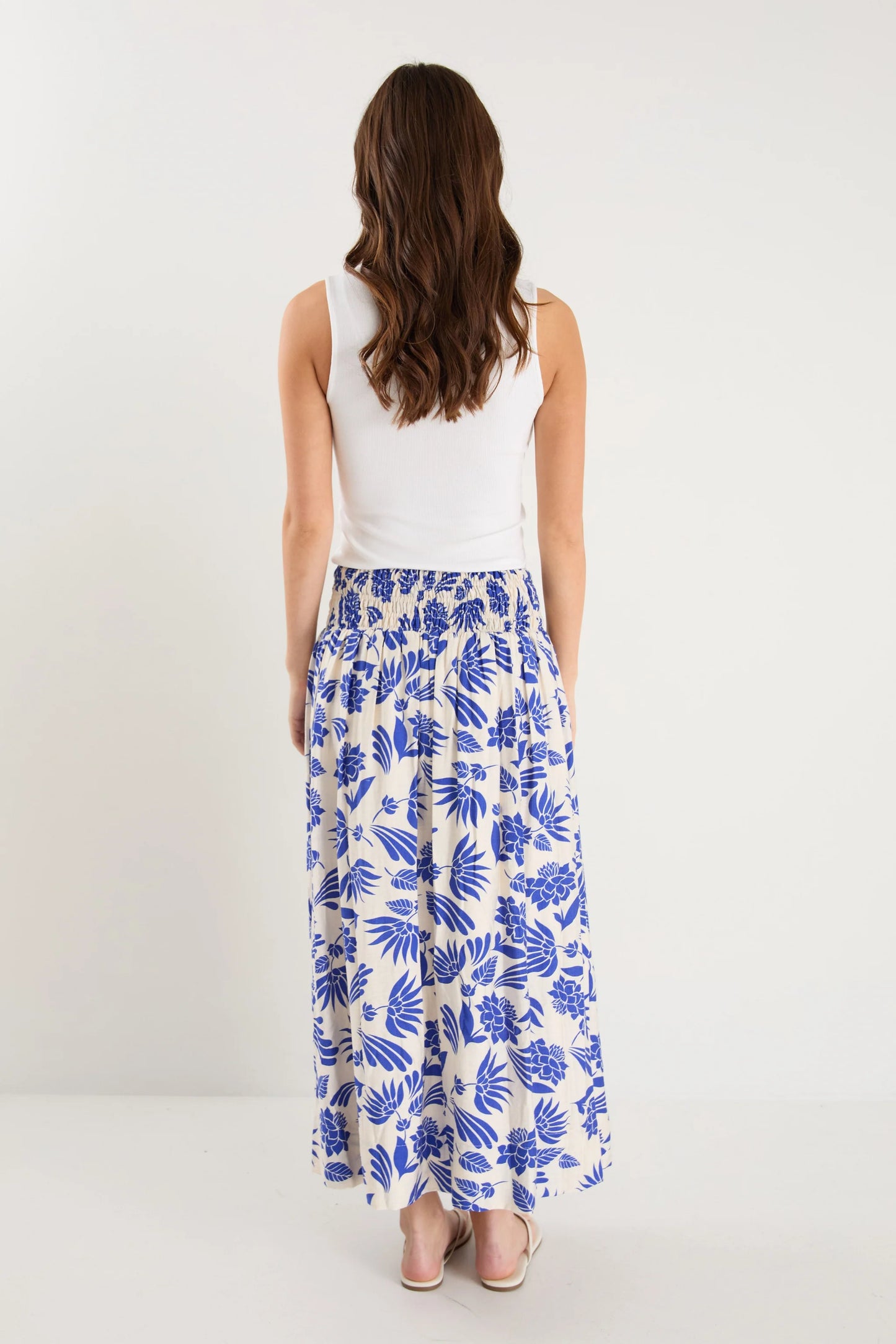 Sangria Blue Lotus Shirred Waist Maxi Skirt