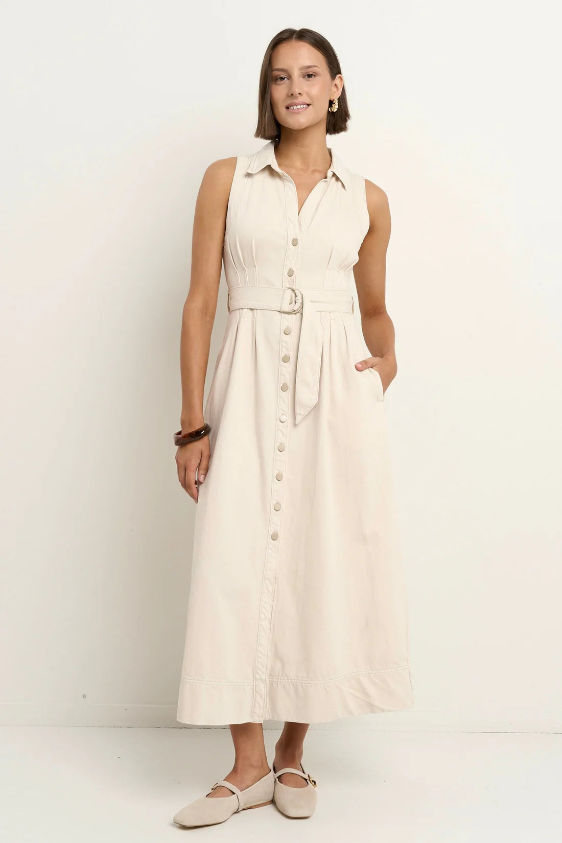 Crescent Ecru Denim Sleeveless Midi Dress